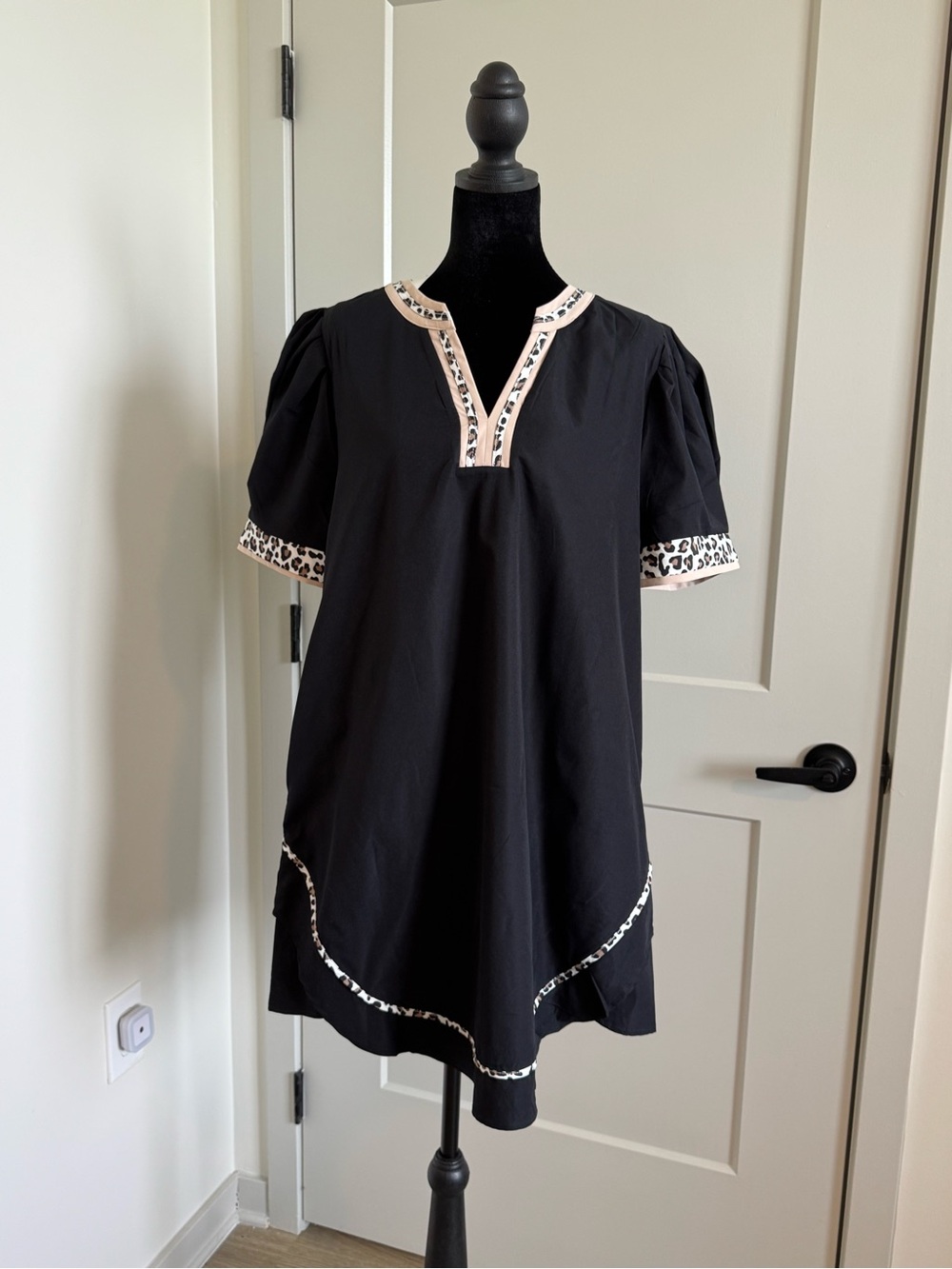 Black Short Sleeve Tunic Dress with Leopard Trim